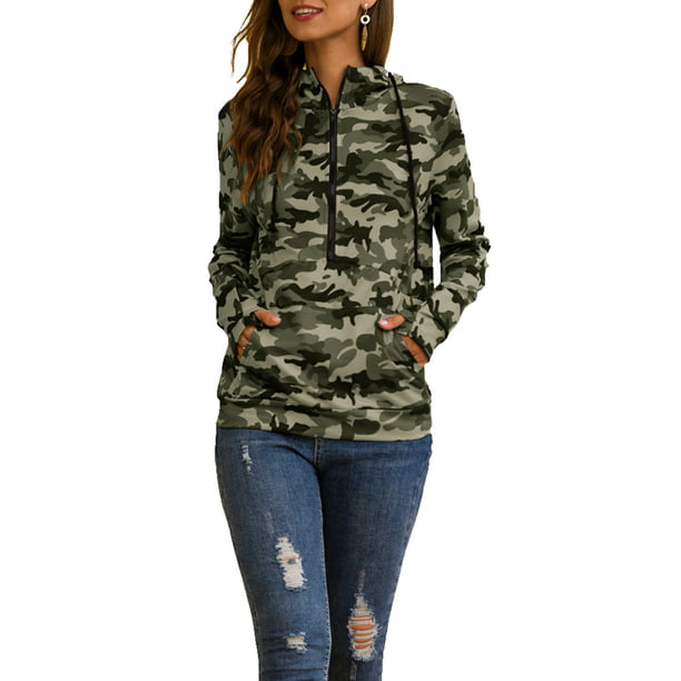 Women Camouflage Hoodies Tops Casual Long Sleeve Pullover Tops Blouse Sweatshirt